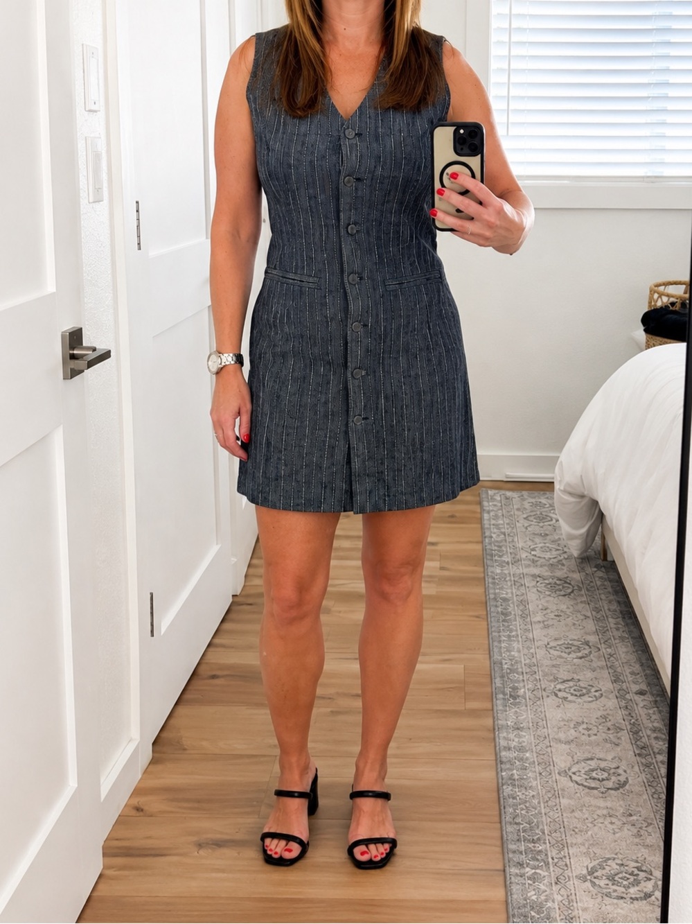 Tahari Pinstripe Sleeveless Button-Front Mini Dress in Charcoal Gray